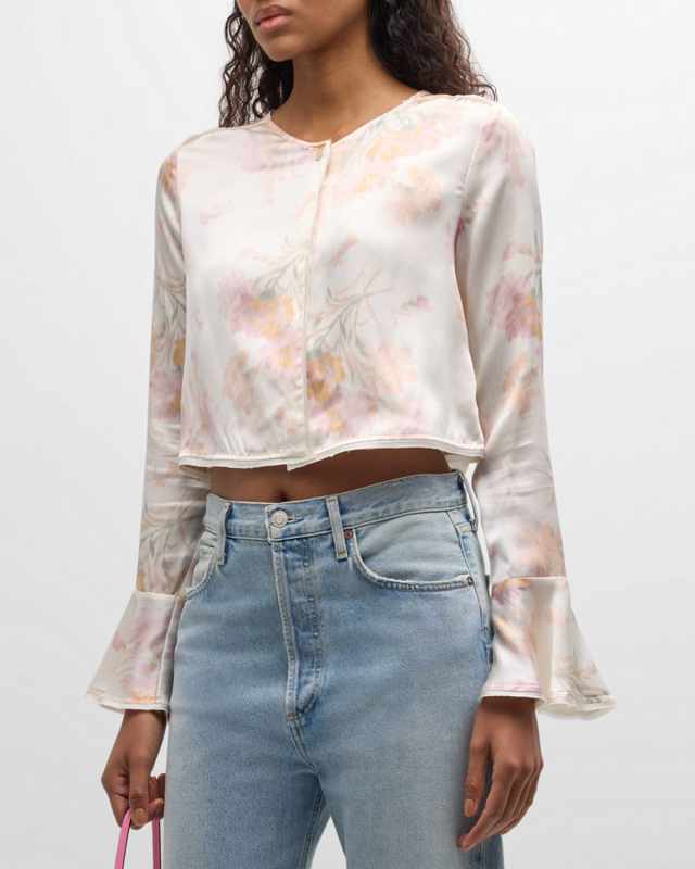 Lyndon Floral Silk Button-Front Crop Top